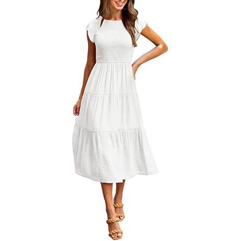 Ayolanni Dresses for Women White Flutter Knee-Length Solid Short Sleeve ...