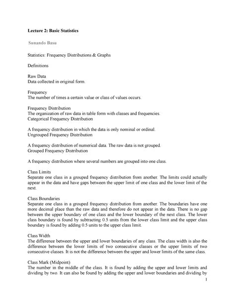 Lecture 2 Basic statistics - Lecture 2: Basic Statistics Sunando Basu ...