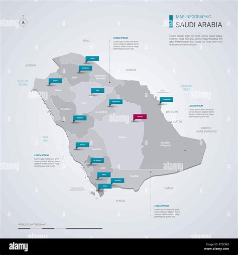 Saudi Arabia vector map with infographic elements, pointer marks. Editable template with regions ...