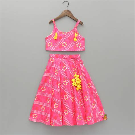 Pink Bandhani Printed Top And Lehenga With Dupatta