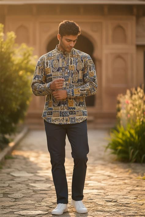 Indigo Mughal Patch Printed Full Sleeves Short Kurta for Men – Jaipuri ...