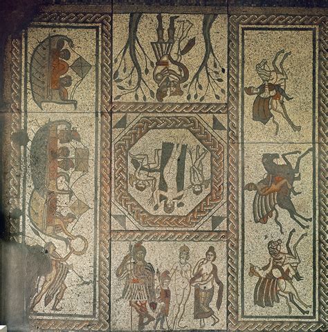 Mosaic pavement from the Roman villa at Low Ham, illustrating the story ...