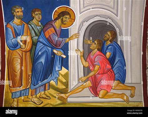 Christ healing the paralytic, fresco in the Church of Saint Paraskeva ...