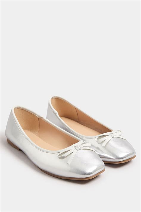 Silver Chisel Toe Ballerina Pumps In Extra Wide EEE Fit | Yours Clothing