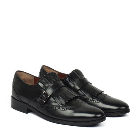 Black Leather Fringed Single Monk Strap Shoes For Men by Brune & Bares