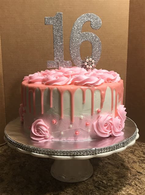 Sweet Sixteen Birthday Cake with Pink Frosting and Roses