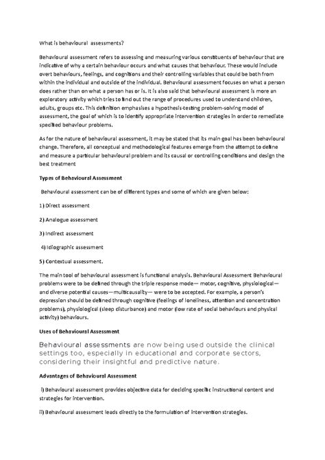 Behavioural Assessments: Types, Uses, Benefits & Limitations - Studocu