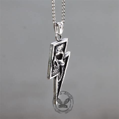 Vintage Lightning Bolt Skull Stainless Steel Pendant - GTHIC