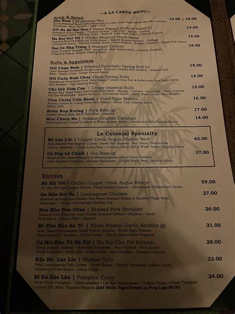 Menu at Le Colonial restaurant, San Francisco