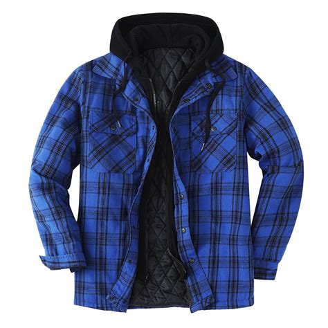 guisaled Men's Flannel Jacket Quilted Lined Hooded Shirt Jacket Winter ...