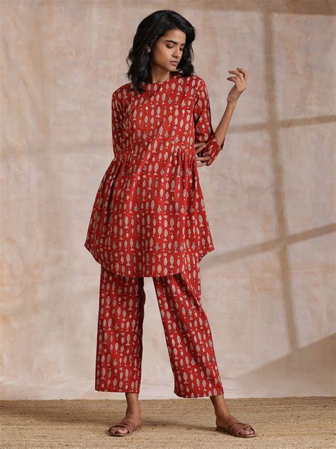 Rust Red Bagru Fish Print Cotton Gathers Co-Ord Set – trueBrowns