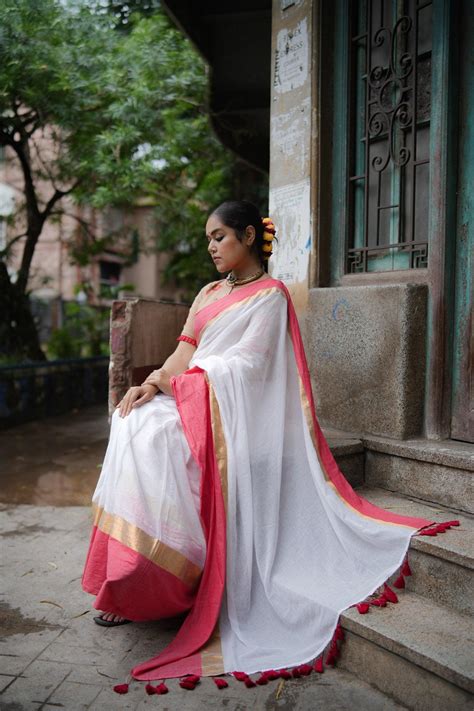 Devi Red Mul Cotton Saree | MĀYIN India