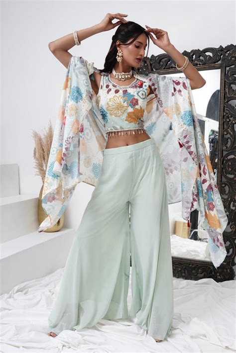Shop Aqua Blue Georgette Crop Top Palazzo With Shrug Online At Designer ...