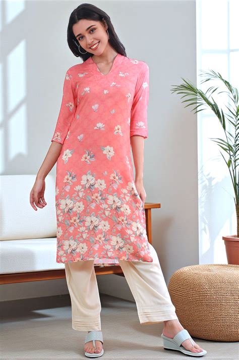 Buy Salmon Pink Floral Printed Modal Straight Kurta Online for Woman ...