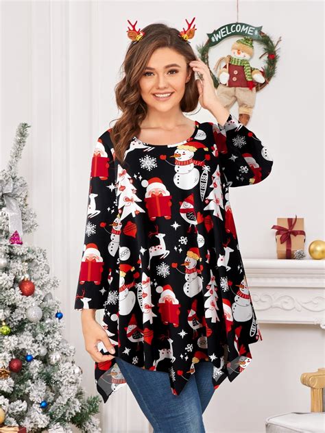 LARACE Womens Plus Size Christmas Tunic Top Long 3/4 Roll Sleeve Shirts ...