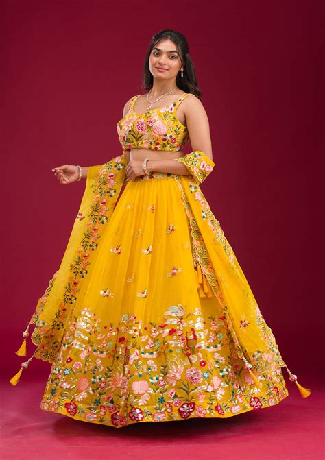 Buy Yellow Threadwork Tissue Readymade Lehenga - Koskii