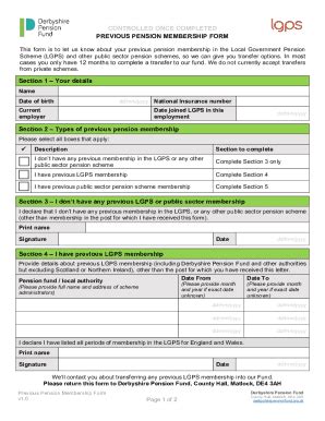 Fillable Online Previous Pension Membership Form. Transfer in LGPS and ...
