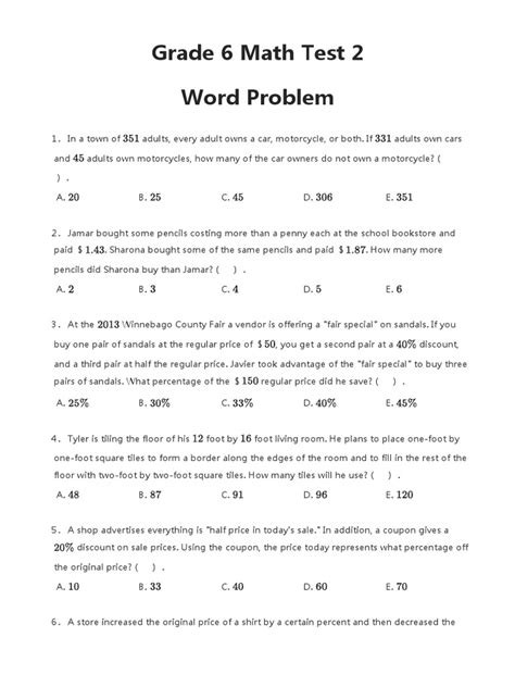 Image result for Grade 6 Math Test Printable