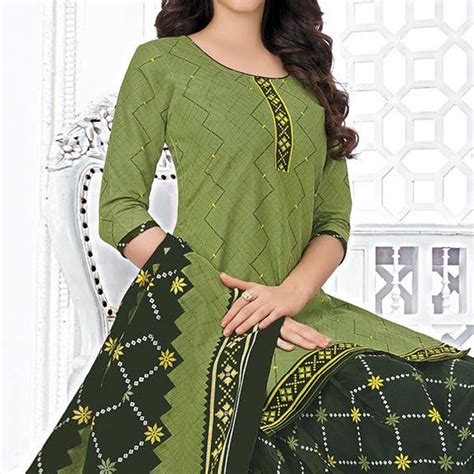 Olive Green Printed Pure Cotton Stitched Patiala Suit