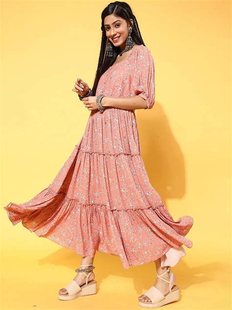 Buy Peach Printed Georgette Dress Online at Rs.1517 | Libas
