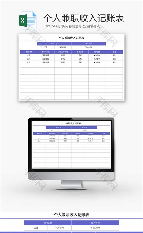 个人兼职收入记账表Excel模板_千库网(excelID：177707)
