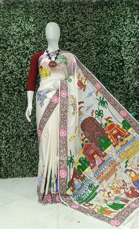 White Shree Jagannath Ratha Yatra Hand-Painted Pattachitra Saree ...