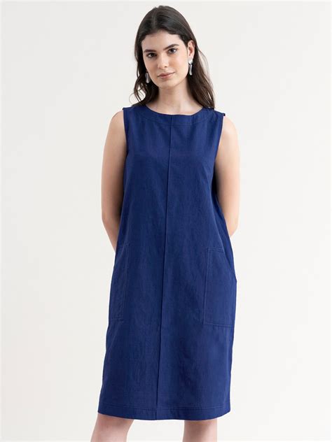 Buy FableStreet Navy Blue Linen Sheath Women Dress - Dresses for Women ...