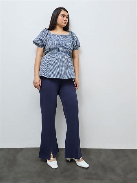 Buy Gia Navy Solid High-Rise Bootcut Trousers from Westside
