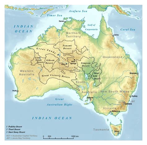 Large detailed deserts map of Australia with relief and cities ...