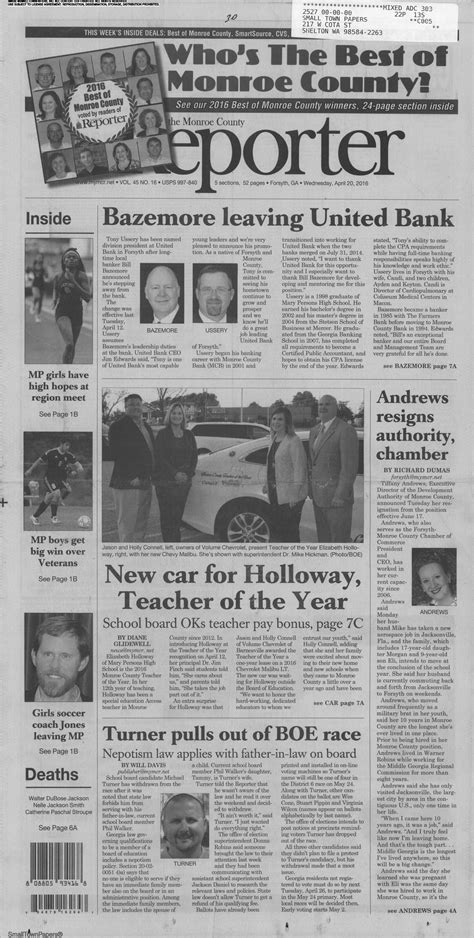 The Monroe County Reporter April 20, 2016: Page 1