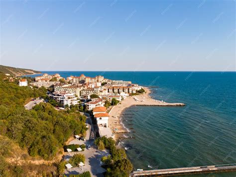 Premium Photo | Drone aerial view of the black sea beach in elenite popular summer resort in ...