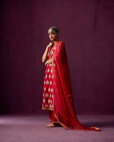 Red Embroidered kurta with Pants & Dupatta – Pooja Singhal India