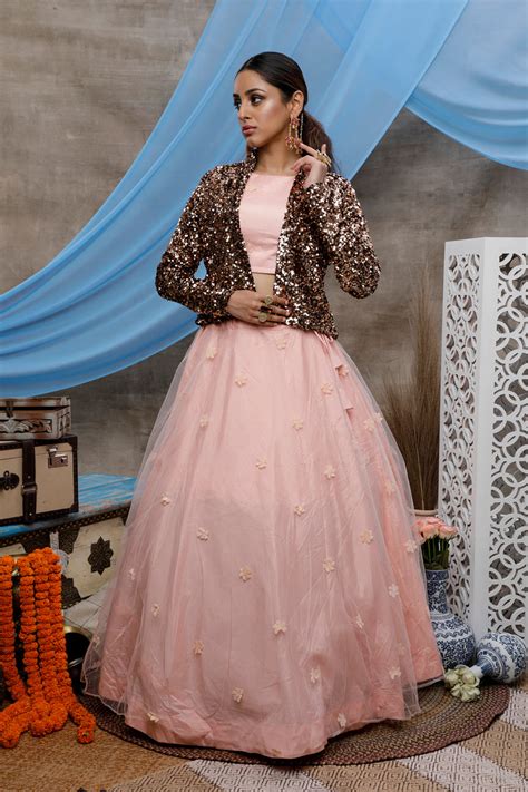 Peach Lehenga Choli With Designer Koti And Thread With Seque