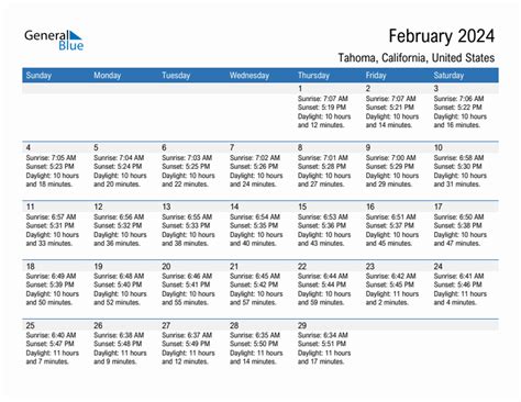 February 2024 Sunrise and Sunset Calendar for Tahoma (PDF, Excel, Word)