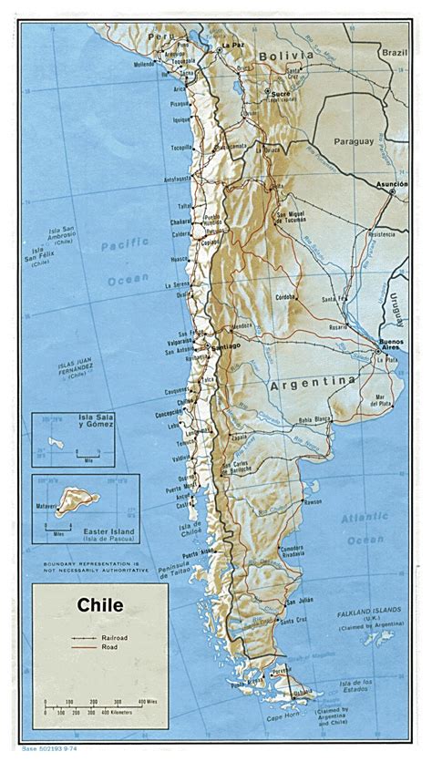 Large political map of Chile with relief, roads and major cities - 1974 ...