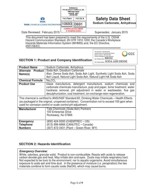 Safety Data Sheet for Sodium Carbonate, Anhydrous | PDF | Sodium ...