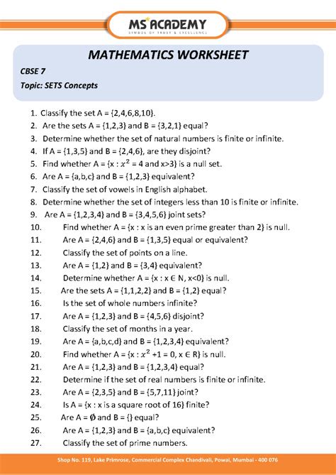 MATHEMATICS WORKSHEET CBSE 7: SETS Concepts and Exercises - Studocu
