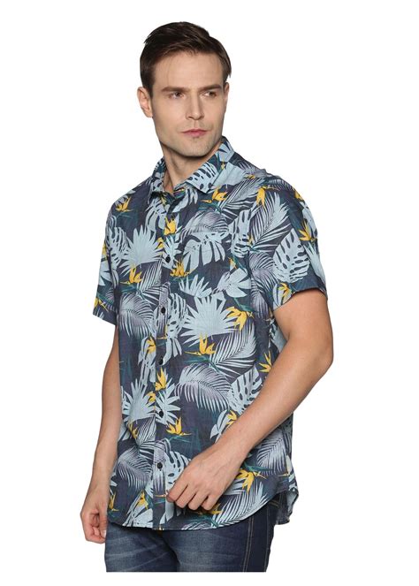Orion - Tusok Blue Cotton Floral-Leafy Short Sleeve Printed Shirt