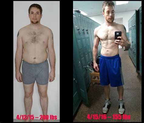 M/33/5'11" [200 lbs > 155 lbs = 45 lbs] (1 year) I went from a peak of ...