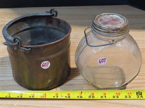 Antique Brass pot with handle + Glass jar with handle