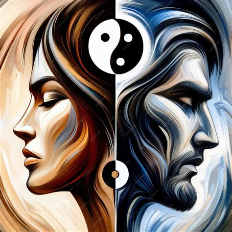 Yin yang symbol dividing man and woman painting representing duality of ...