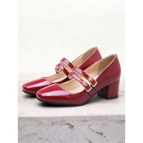 Women's Cream Patent Leather Mary Jane Block Heels with Double Buckle ...