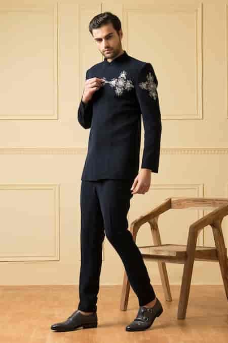 Buy Blue Cotton Embroidery Noble Floral Bandhgala With Pant For Men by ...