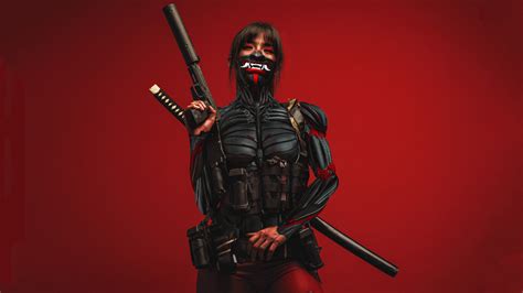 Download wallpaper girl, armor, mask, swords, red background, section ...