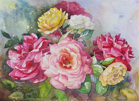 Roses Original Watercolor Painting by Tatyana Zen