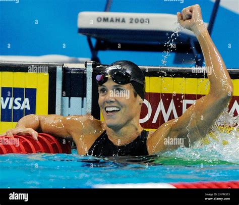 Dara Torres celebrates setting a US record time of 24.38 in the women's ...