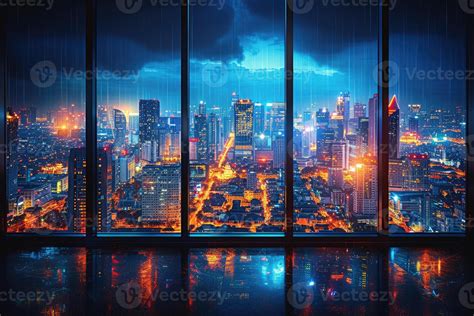 AI generated Panoramic window showing a view of a night time city lit ...