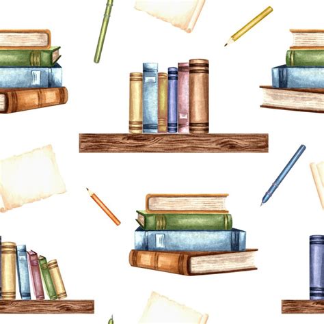 Books on wooden shelf and in stack pencil with paper sheet seamless ...