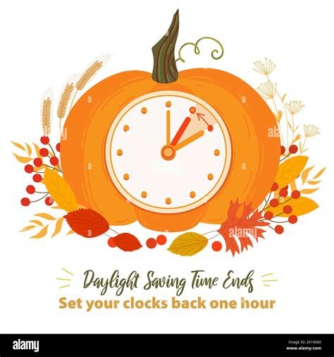 Daylight saving time ends. Fall back time banner. Clock change. Pumpkin ...