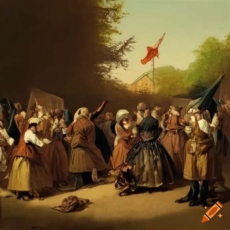 Painting of elvish farmers celebrating in 1700s clothes